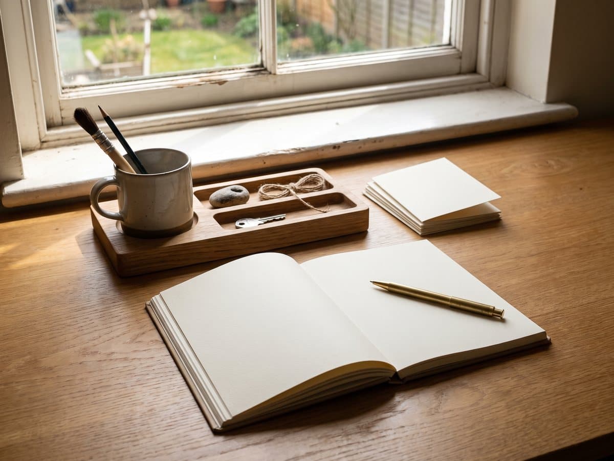 An open A5 hardcover notebook with a brass pen resting on it, an oak organizer tray of odds and ends and a stack of greeting cards on a wooden desk by a window