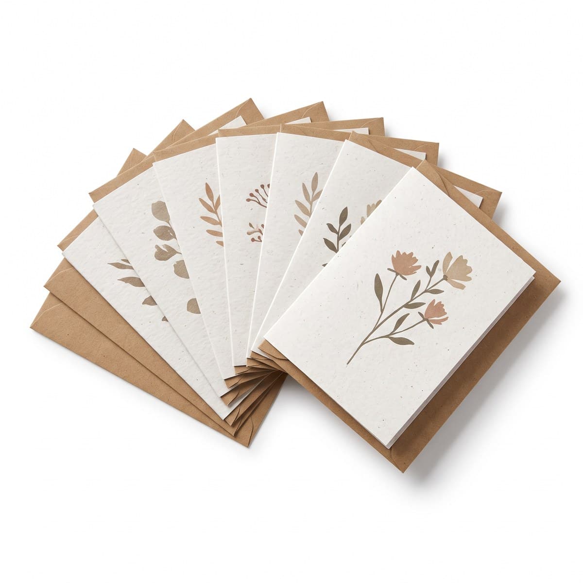 A fan of folded greeting cards with printed covers and kraft envelopes