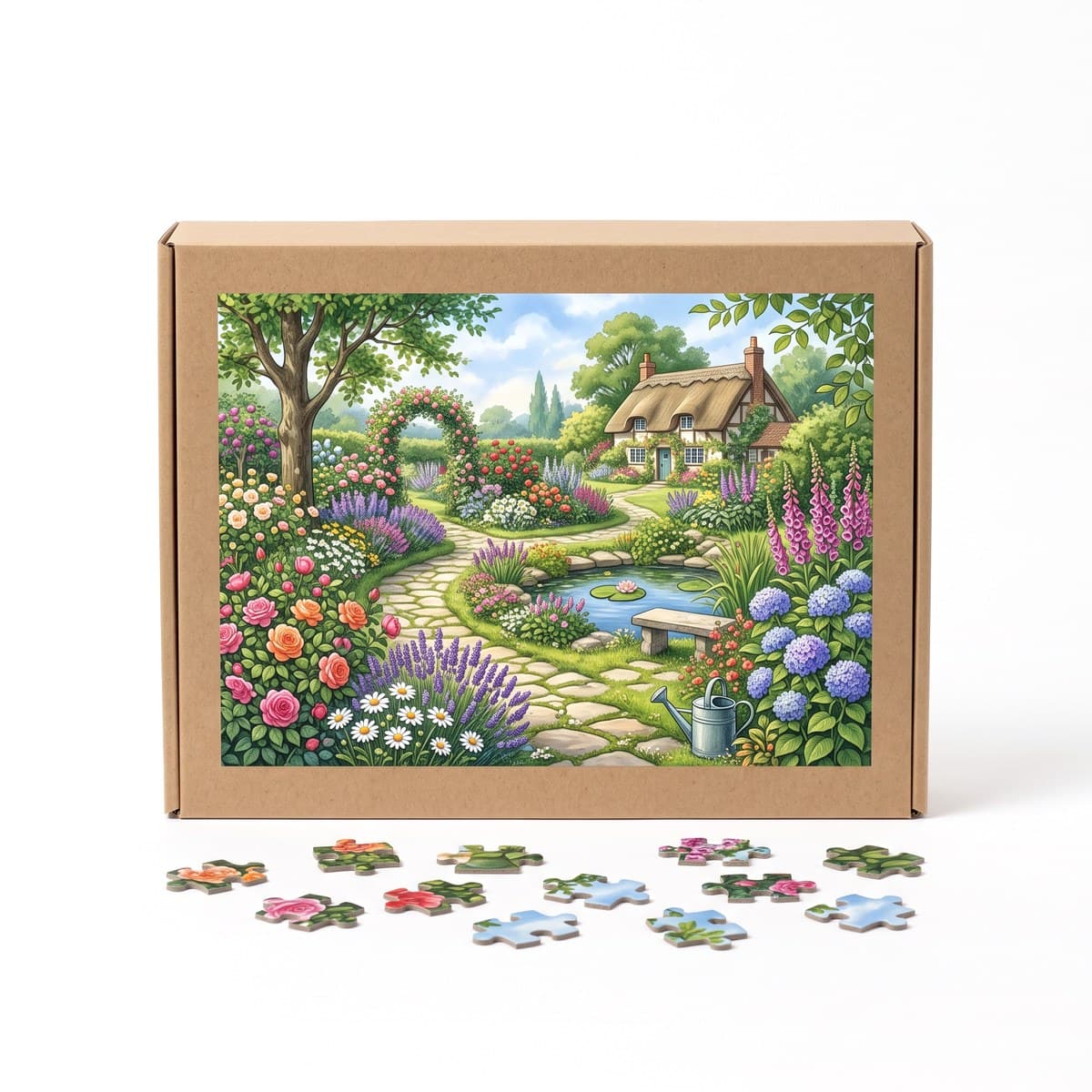 A jigsaw puzzle box showing an illustrated garden scene, with a few loose pieces in front