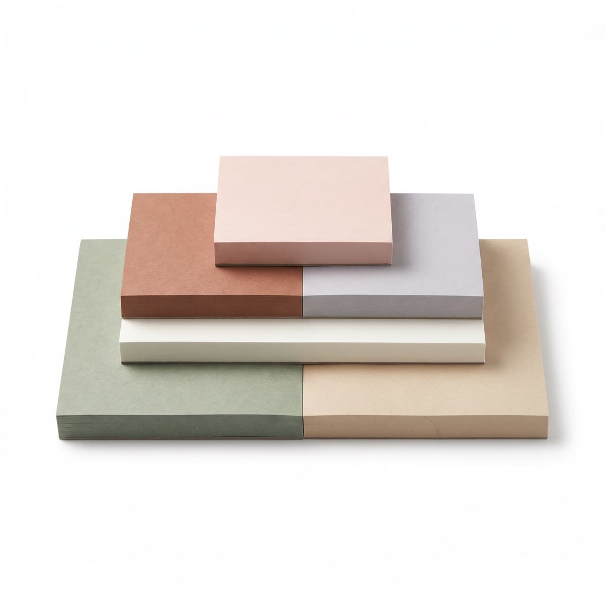 Six pads of sticky notes in muted colours, stacked in three sizes