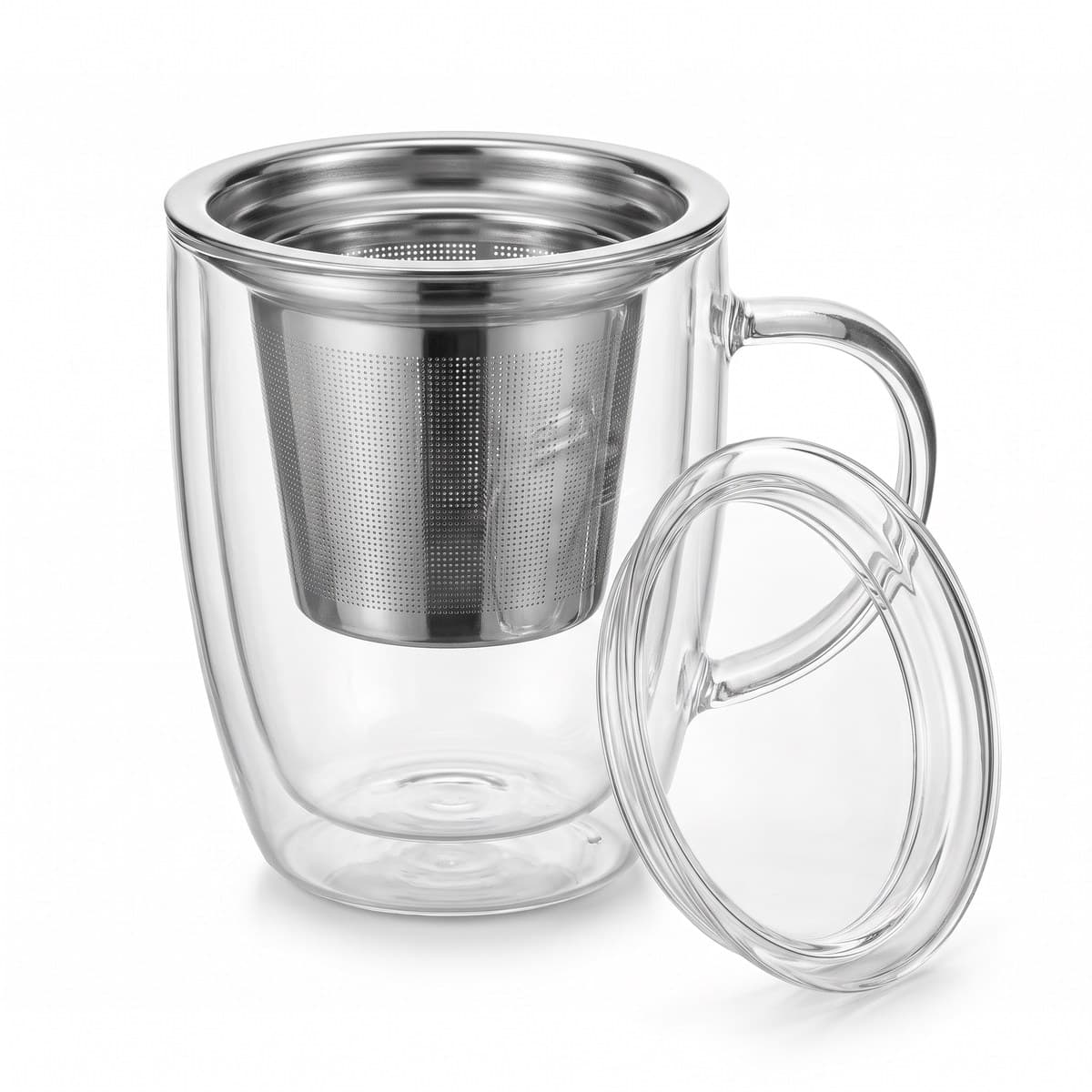 A clear double-wall glass mug with a stainless steel infuser basket and a glass lid beside it