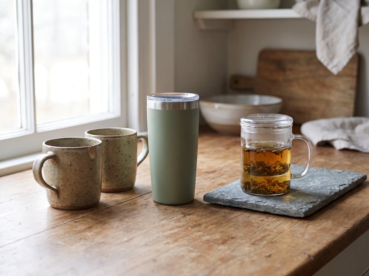 Two speckled stoneware mugs and a sage green tumbler on a wooden kitchen counter, a slate coaster beside them